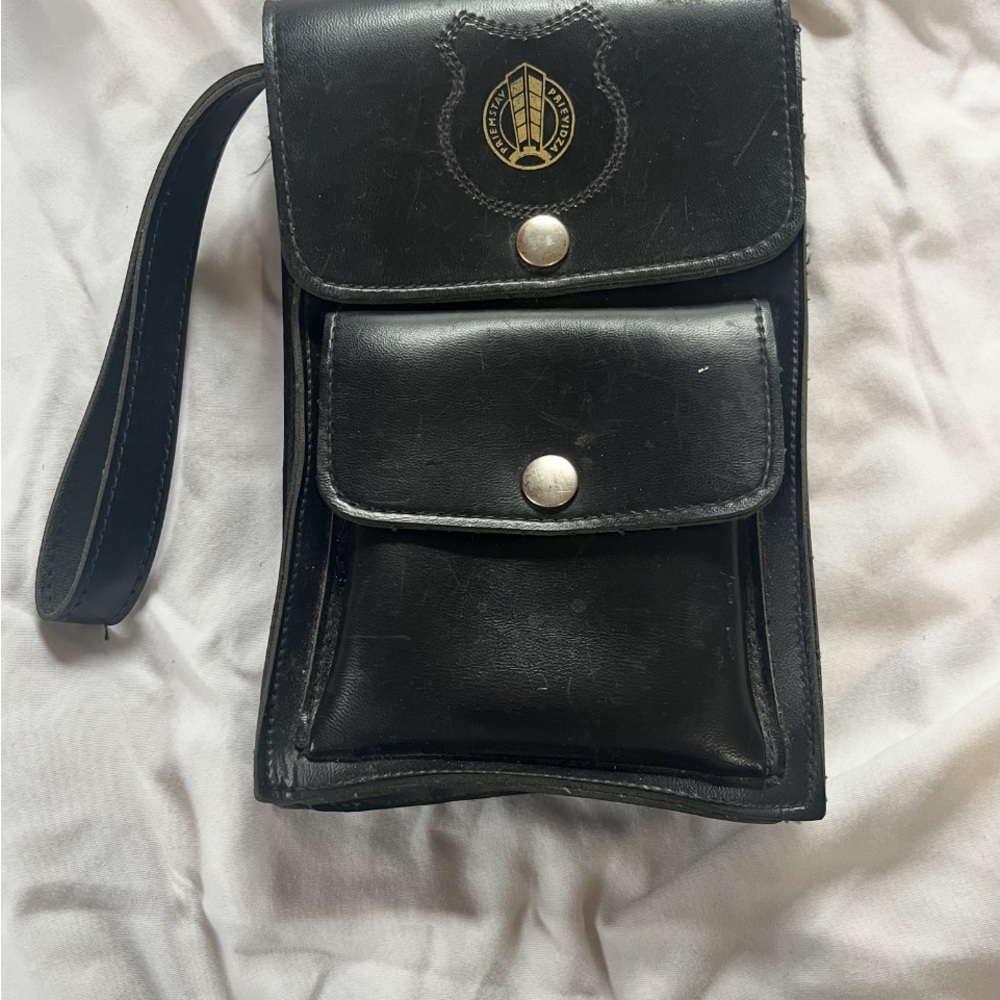 Old school heavy Black Leather Bag with Gold Emblem